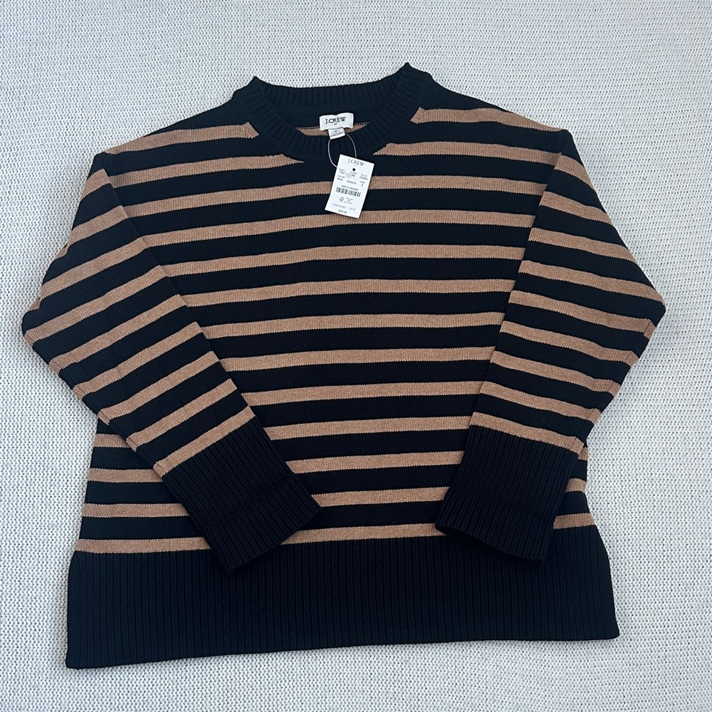 NWT! J Crew 100% Cotton Stripes Crew Neck Sweater Brown/Black Size Small